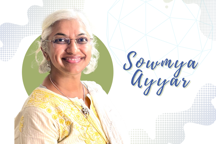 Sowmya Ayyar smiling beside her name in script lettering